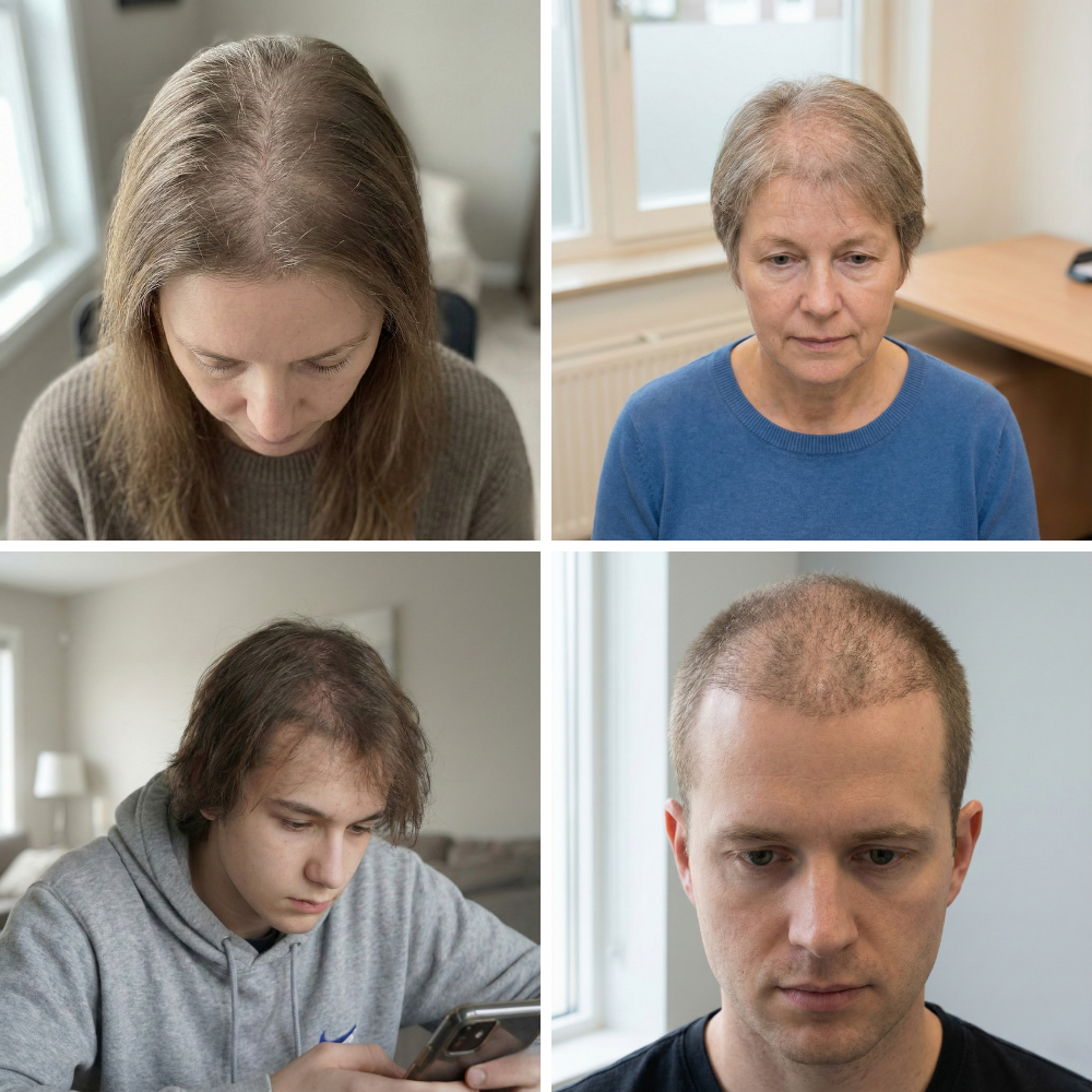 Esempi di perdita di capelli diffusa o accentuata in uomini e donne