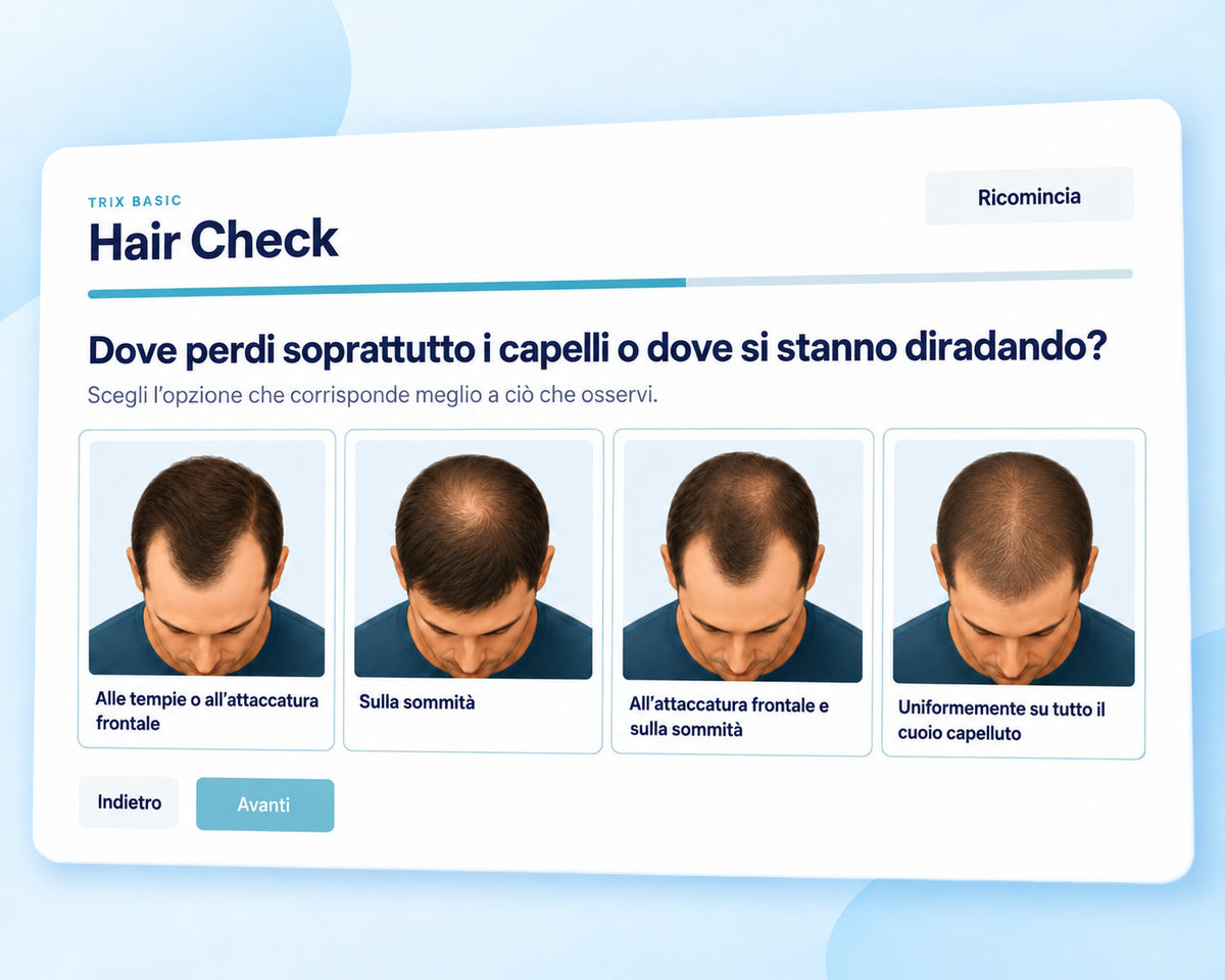 TRIX Basic Hair Check con opzioni visive per i diversi tipi di caduta dei capelli negli uomini.