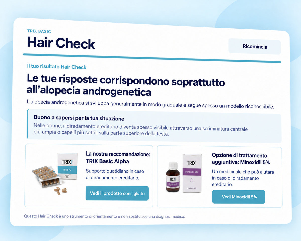 Risultato del TRIX Basic Hair Check per l’alopecia androgenetica con informazioni personalizzate e opzioni di prodotto.