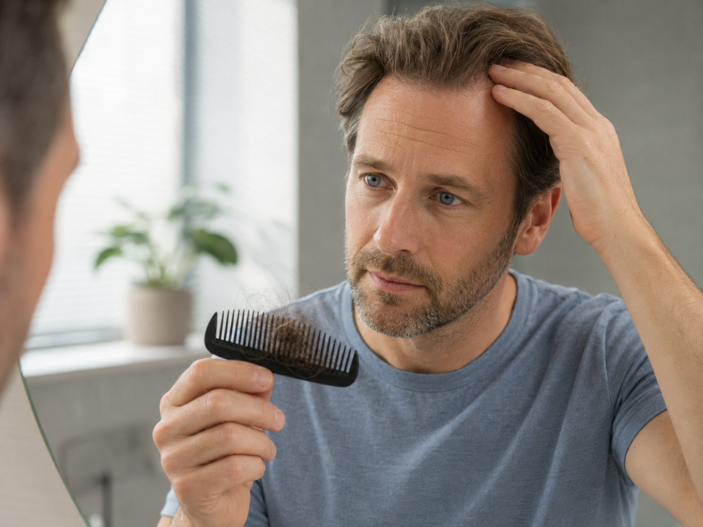 Uomo che osserva una caduta temporanea durante lo shedding da minoxidil.