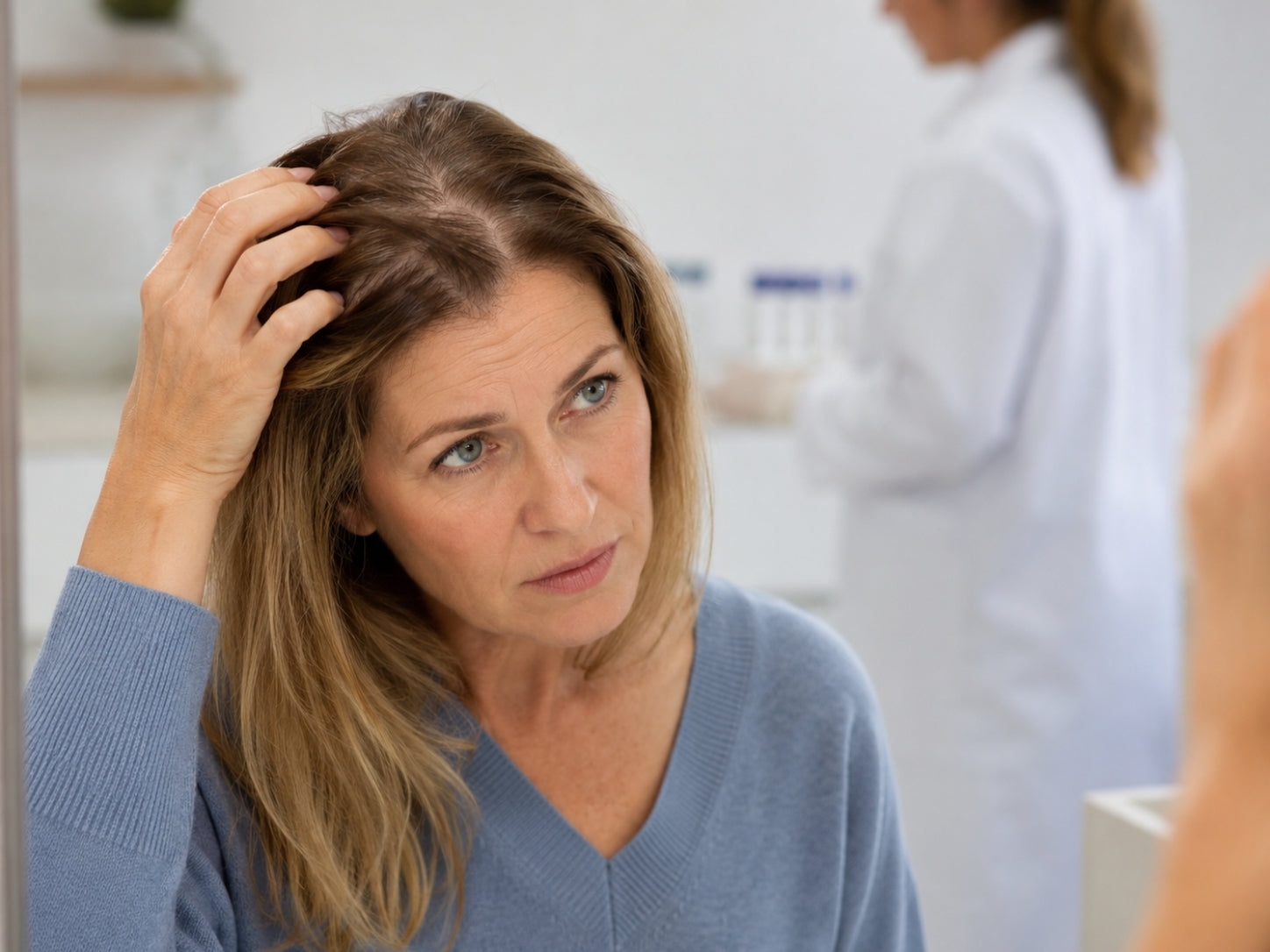 Donna che controlla i capelli per una possibile caduta legata alla tiroide.