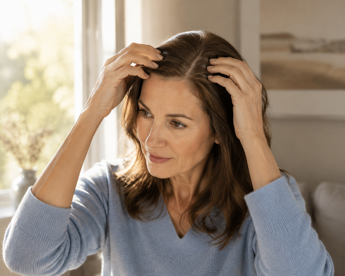 Donna che controlla i capelli per una possibile caduta legata a carenza di vitamina D.