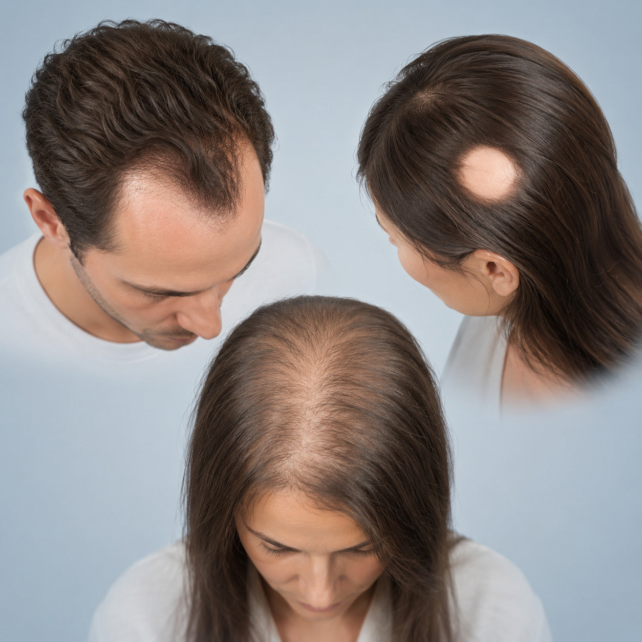 Diversi modelli di perdita di capelli, tra cui arretramento dell'attaccatura, chiazza calva e alopecia diffusa diradamento
