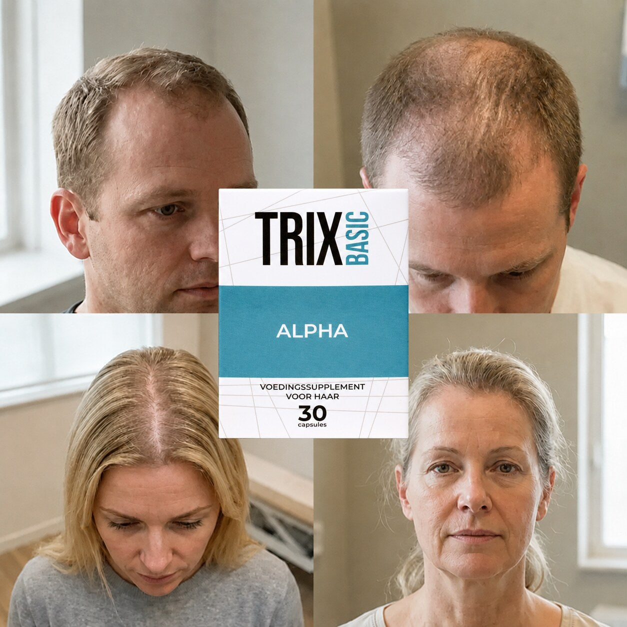 TRIX Basic Alpha per la caduta dei capelli tipica dell'alopecia androgenetica in uomini e donne.