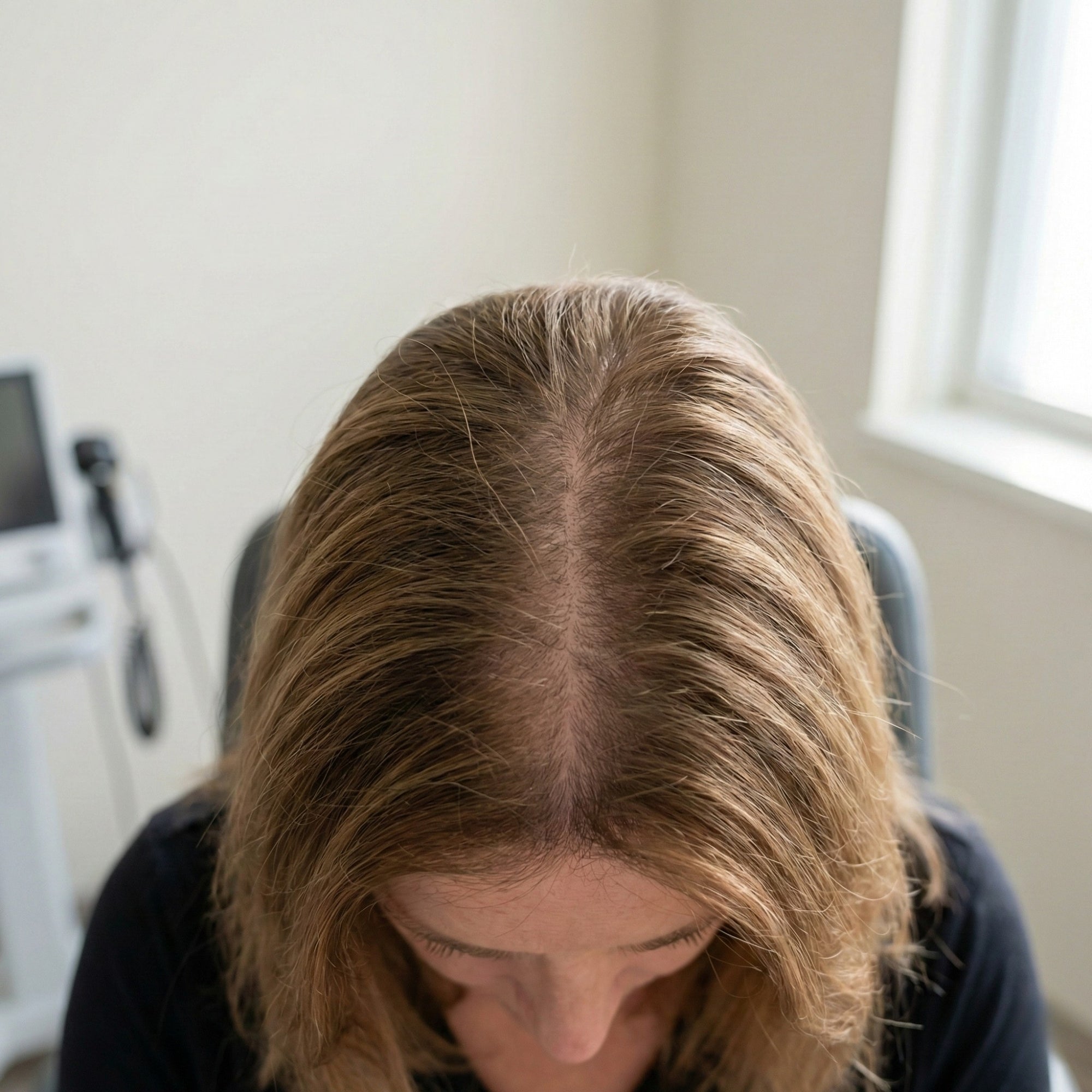Donna che osserva il progressivo diradamento dei capelli nella zona della riga centrale