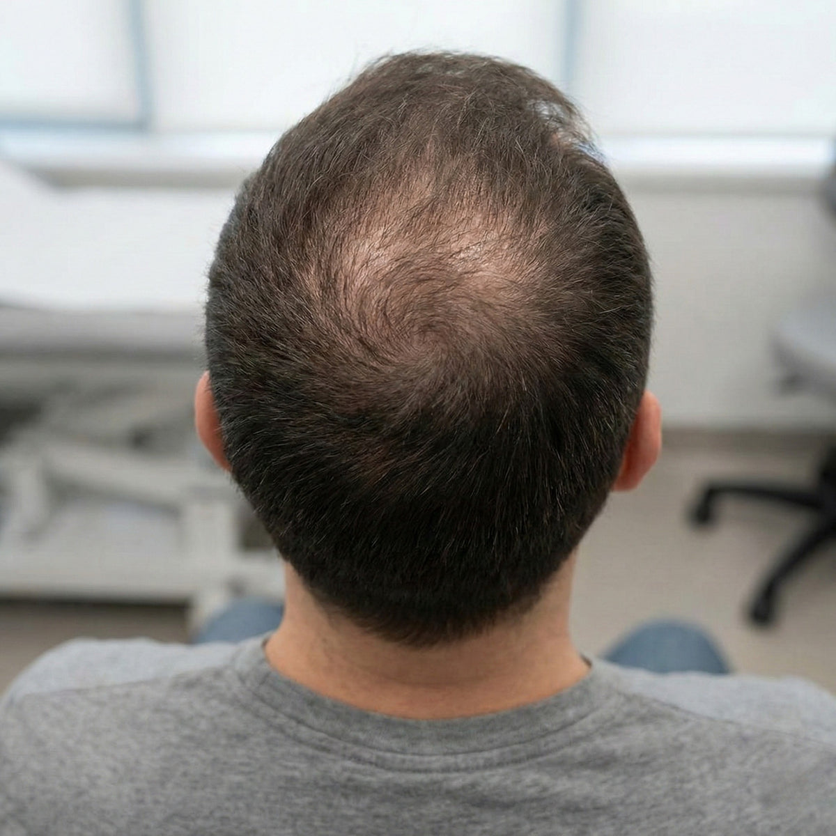 Uomo con progressivo diradamento dei capelli sulla sommità del capo