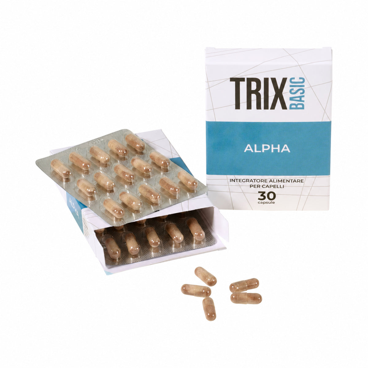 Confezione TRIX Basic Alpha con blister e capsule sfuse.