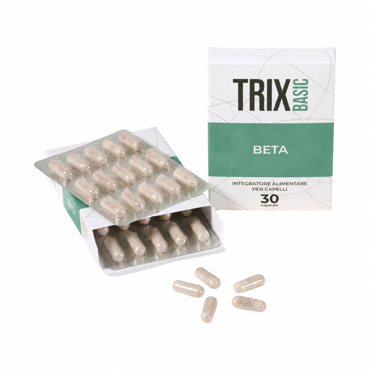 Integratore alimentare TRIX Basic Beta – confezione da 30 capsule con blister e capsule singole.