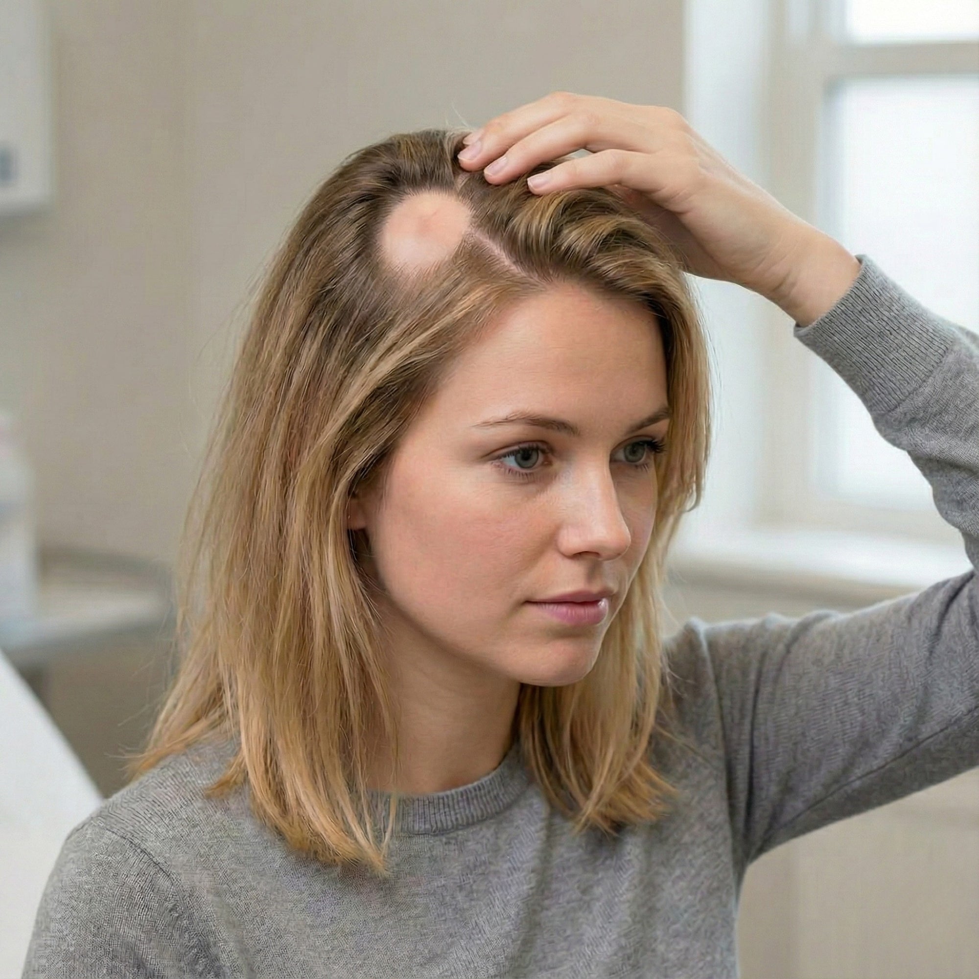 Donna con alopecia localizzata sul cuoio capelluto