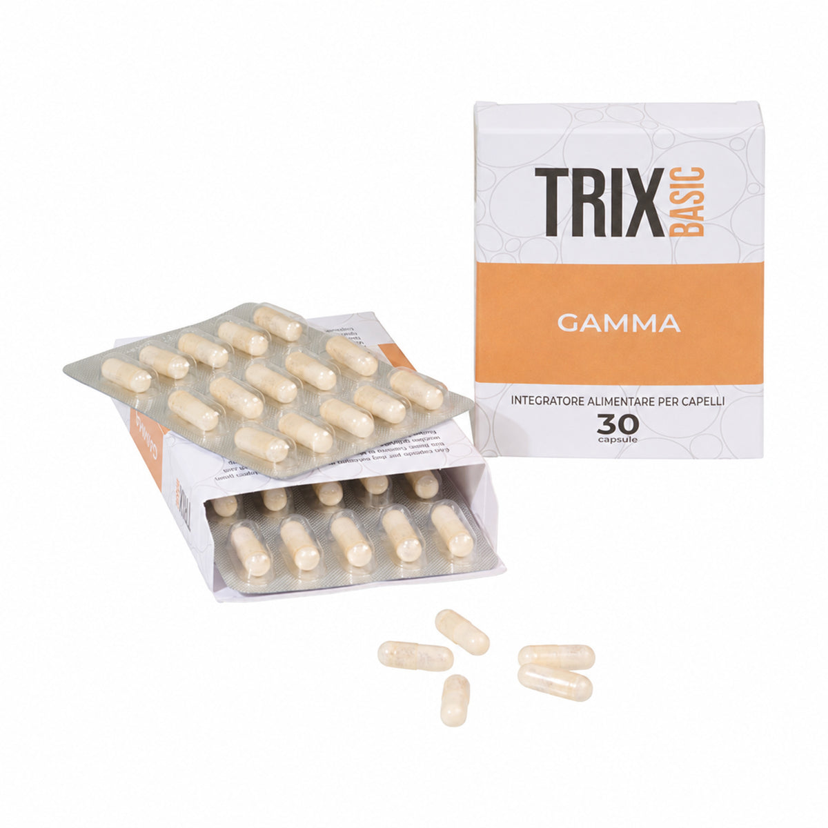 Integratore alimentare TRIX Basic Gamma – confezione da 30 capsule con blister e capsule singole.