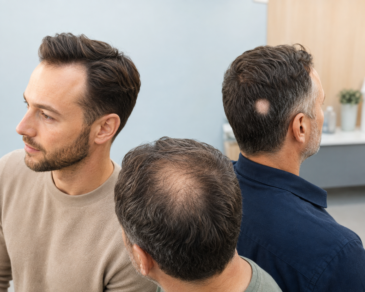 Tre uomini mostrano diversi modelli di perdita di capelli: stempiatura, diradamento sulla sommità del capo e una chiazza calva localizzata.