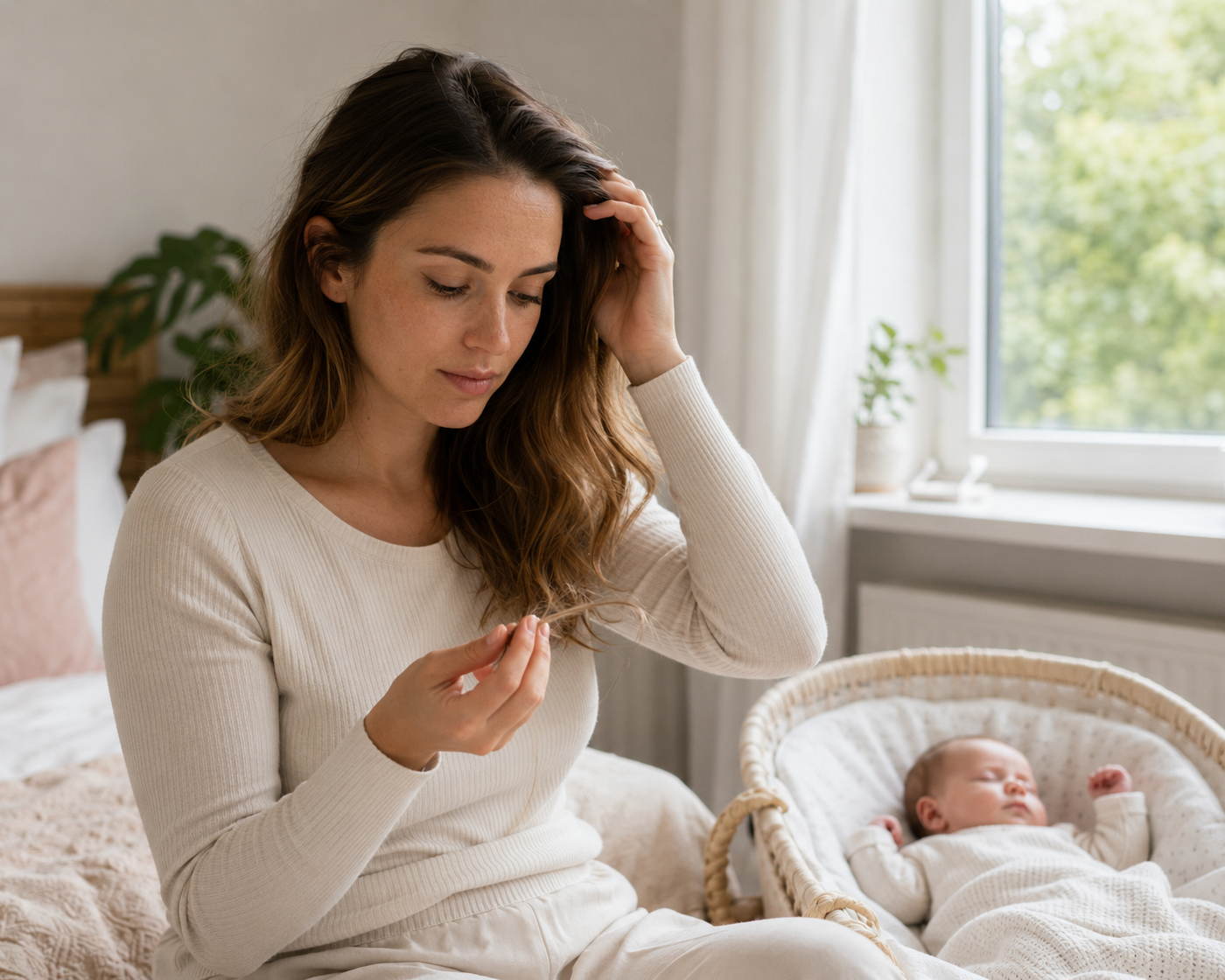 Una madre nota alcuni capelli caduti nei mesi successivi al parto, mentre il suo bambino dorme accanto a lei.